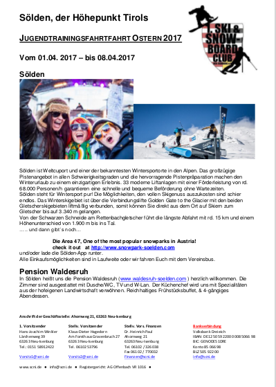 Reiseausschreibung Jugend-Trainingsfahrt 2017